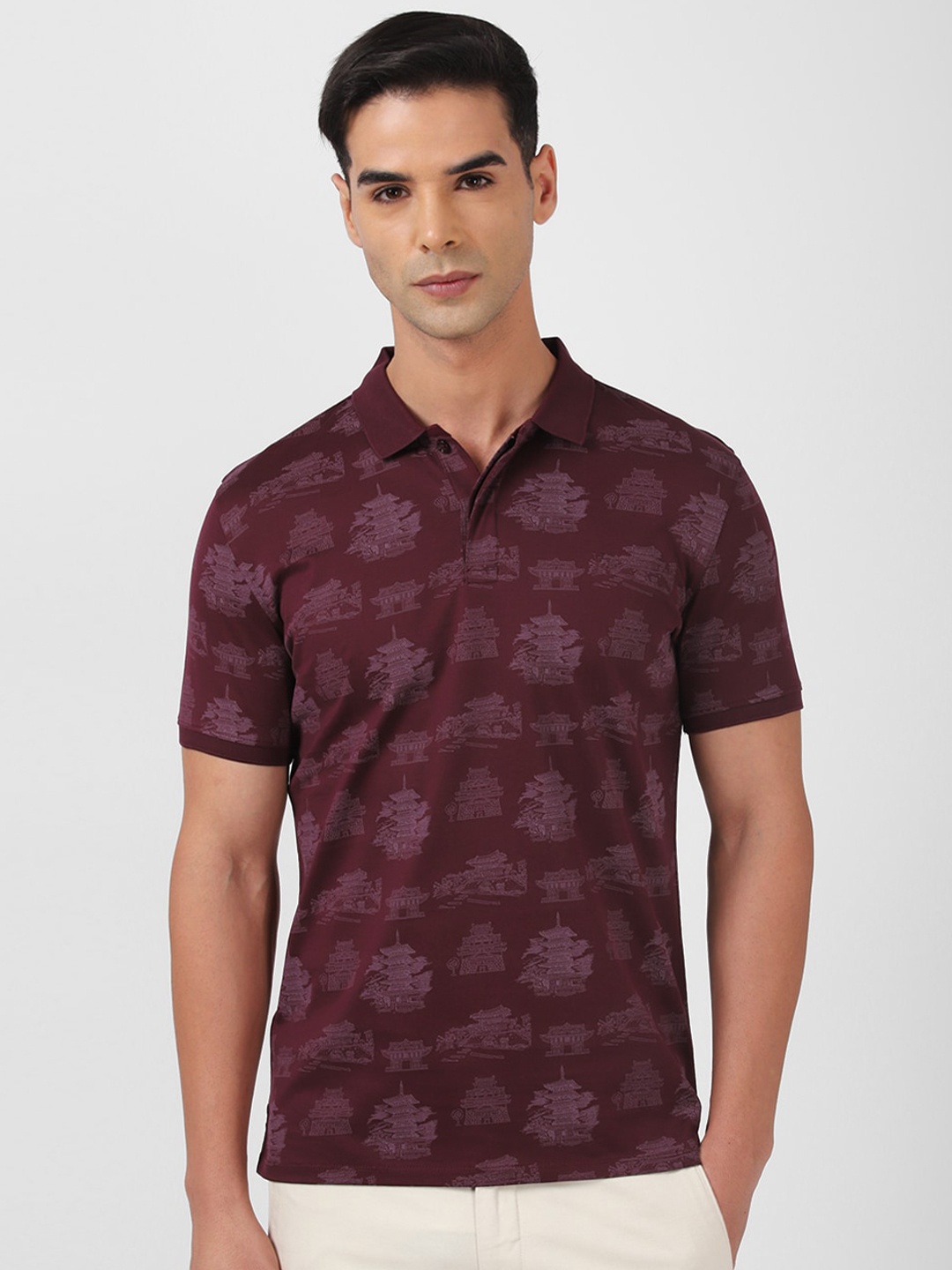 

V Dot Ethnic Motifs Printed Polo Collar Slim Fit Cotton T-shirt, Maroon