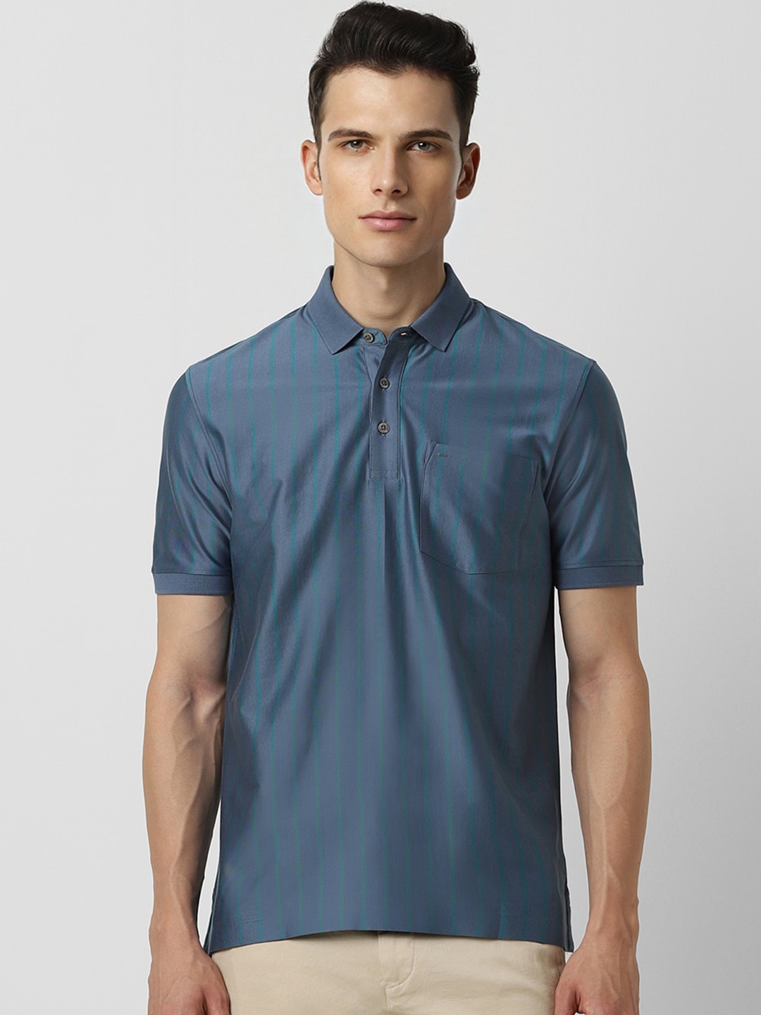 

Van Heusen Striped Polo Collar Cotton T-shirt, Blue