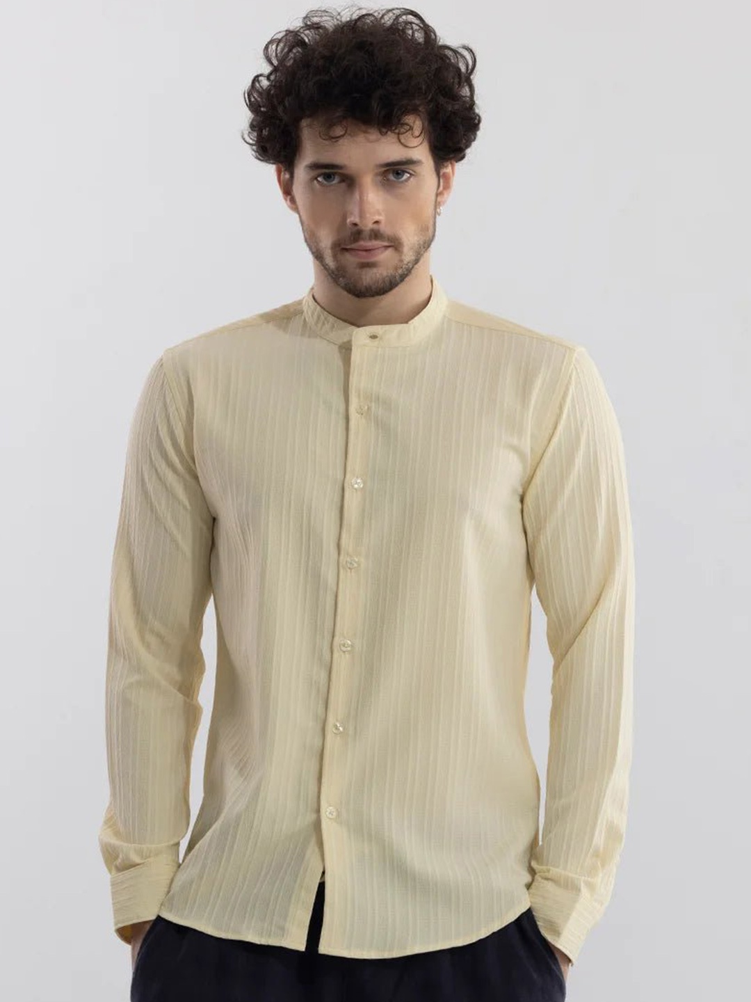 

Snitch Beige Classic Slim Fit Band Collar Casual Shirt