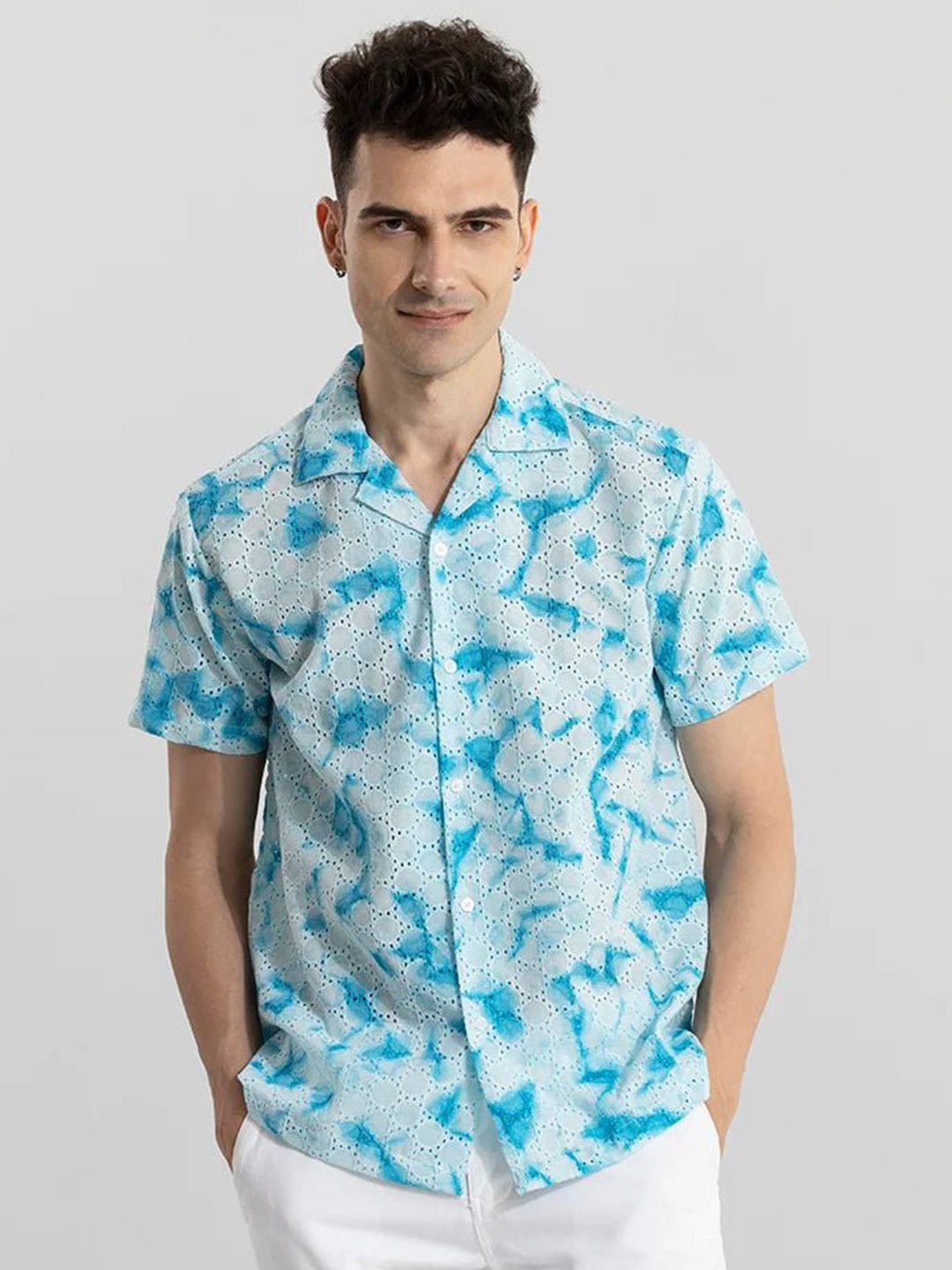 

Snitch Blue Self Design Schiffli Classic Pure Cotton Casual Shirt