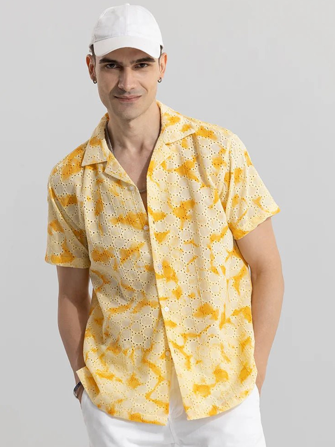 

Snitch Yellow Classic Abstract Printed Pure Cotton Oversized Casual Shirt
