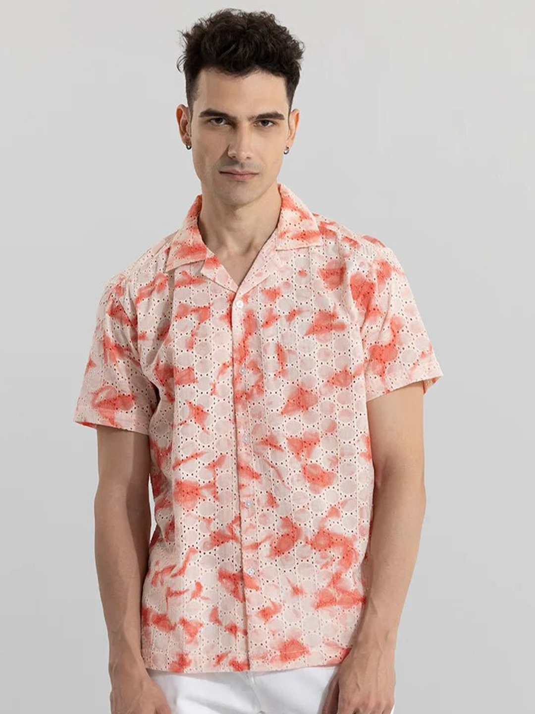 

Snitch Orange-Coloured Classic Abstract Printed Pure Cotton Oversized Casual Shirt, Pink