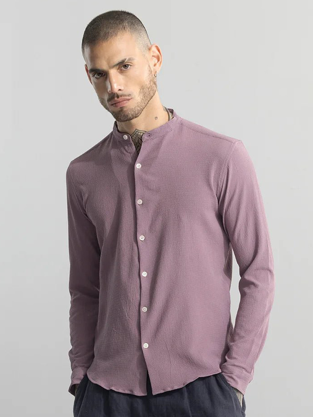 

Snitch Purple Textured Band Collar Classic Slim Fit Casual Shirt