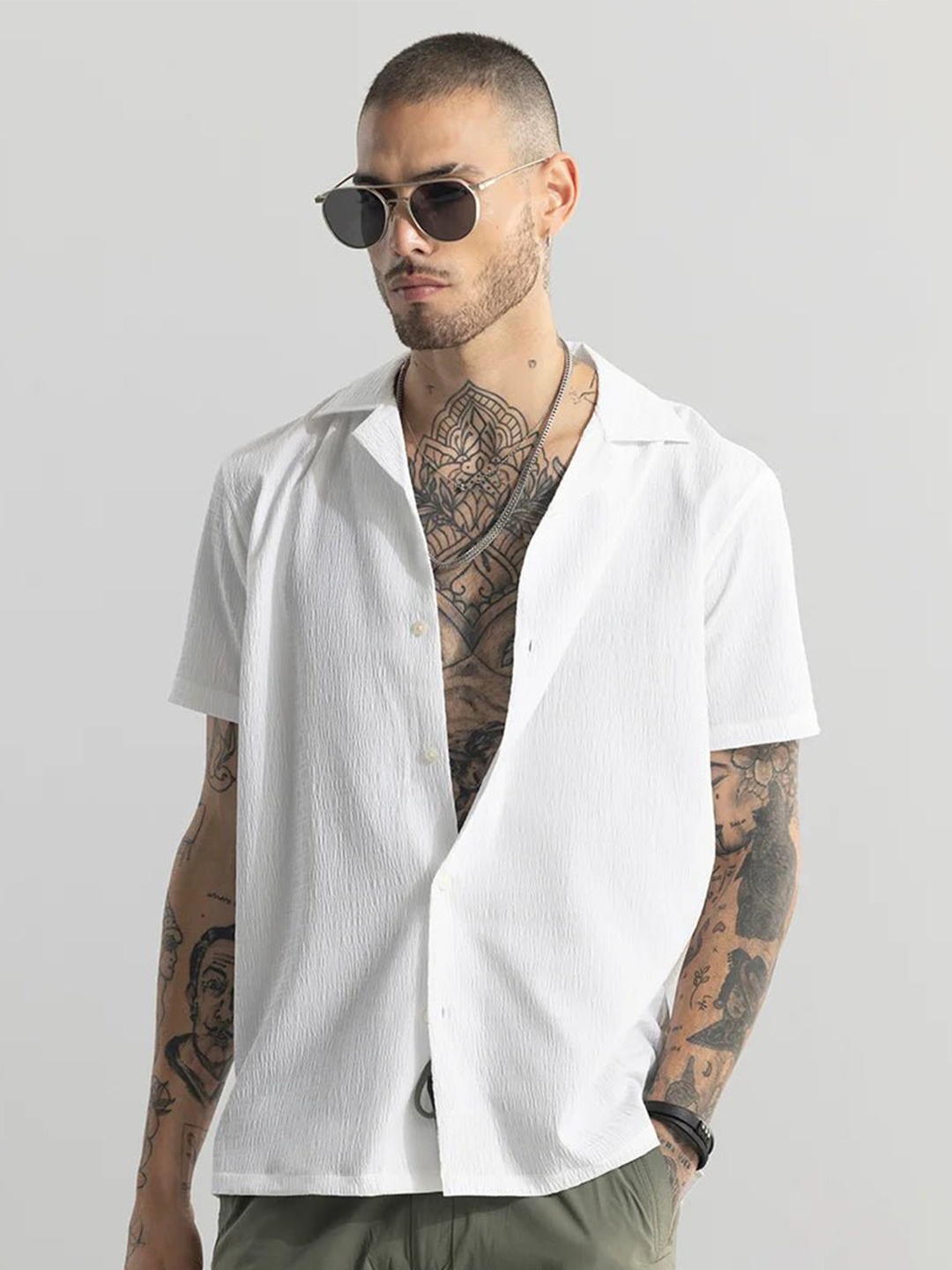 

Snitch White Spread Collar Classic Oversized Casual Shirt