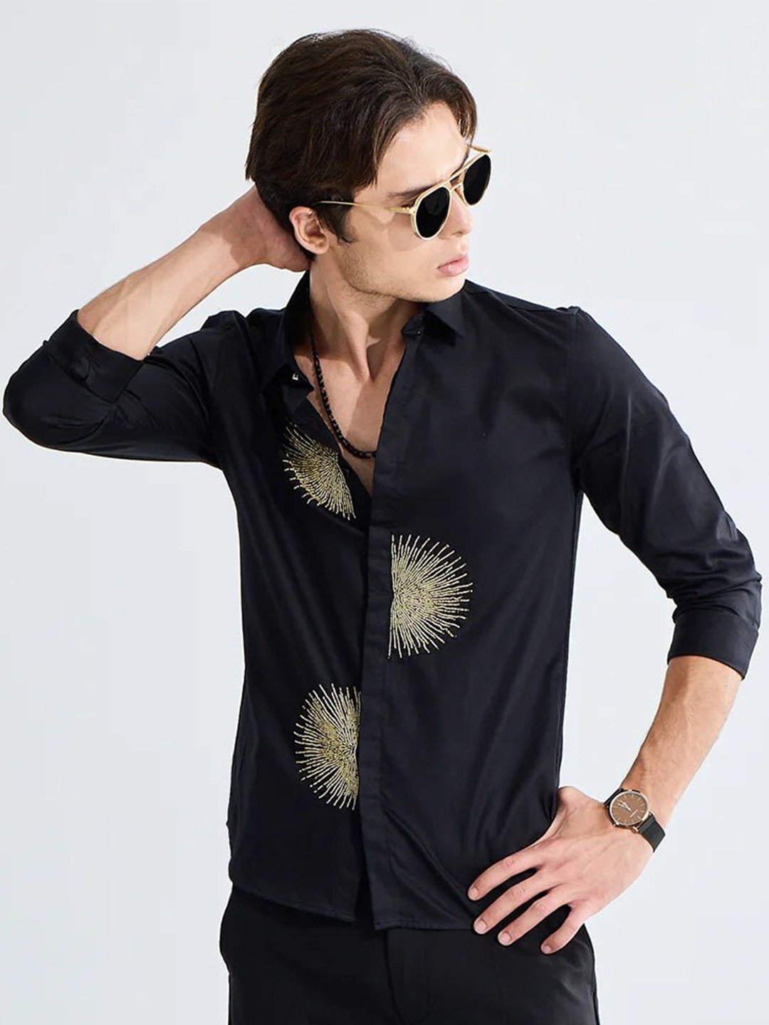 

Snitch Black Classic Slim Fit Embellished Party Shirt