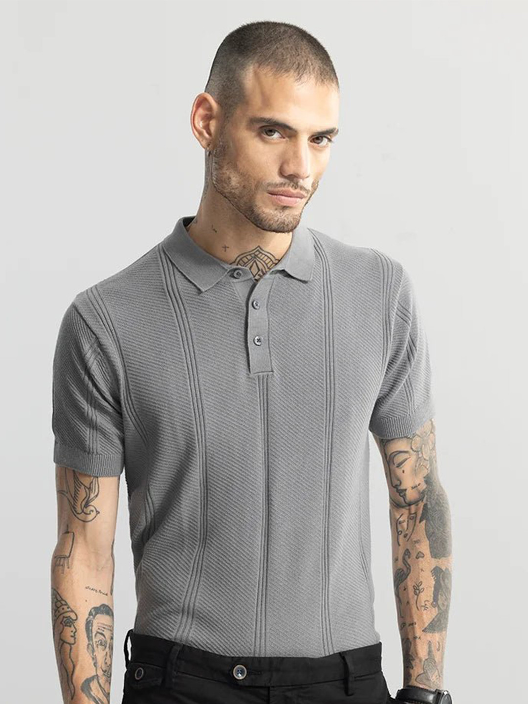 

Snitch Grey Self Design Polo Collar Slim Fit Pure Cotton T-Shirt