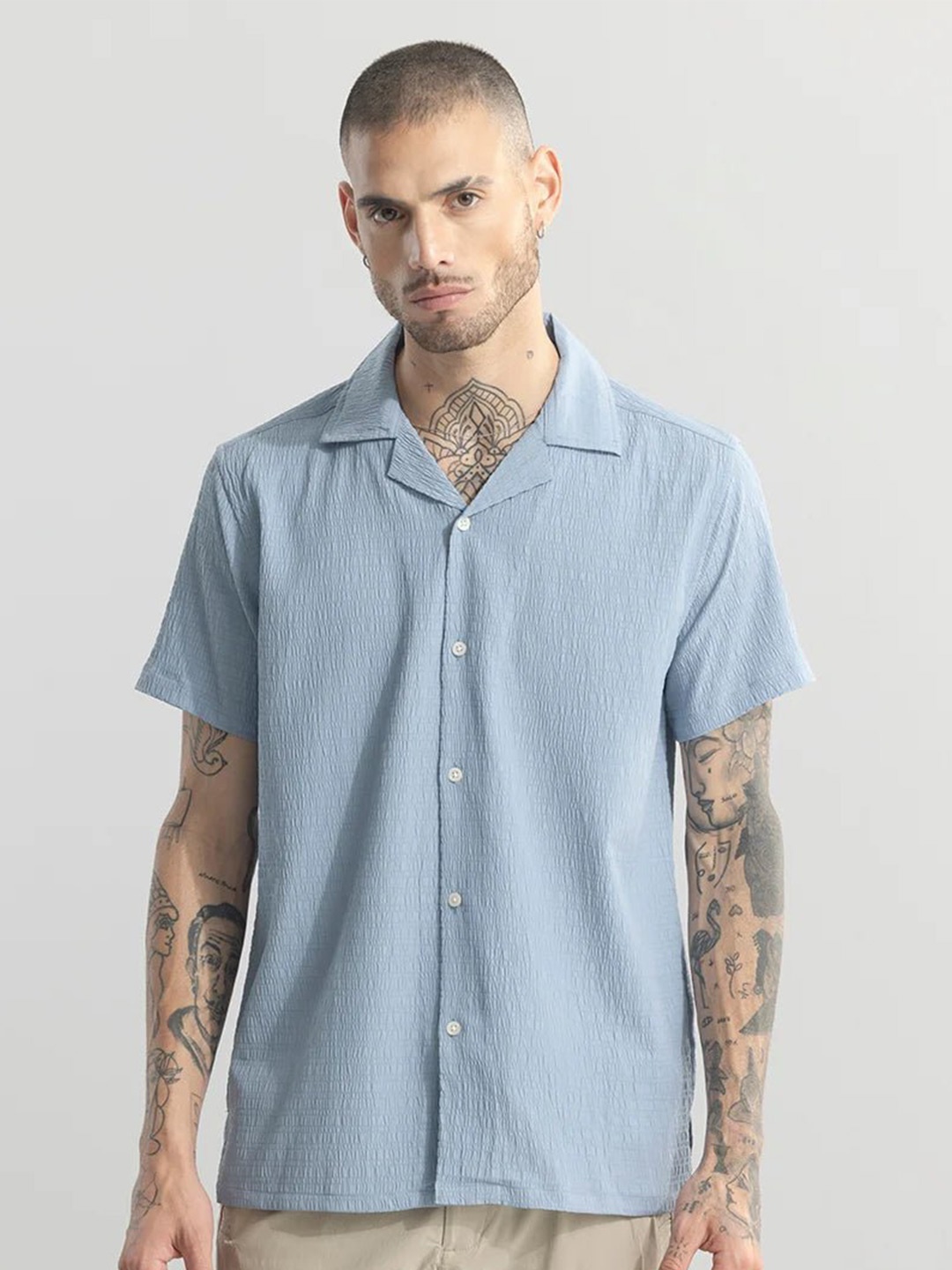 

Snitch Blue Self Design Textured Cuban Collar Classic Casual Shirt