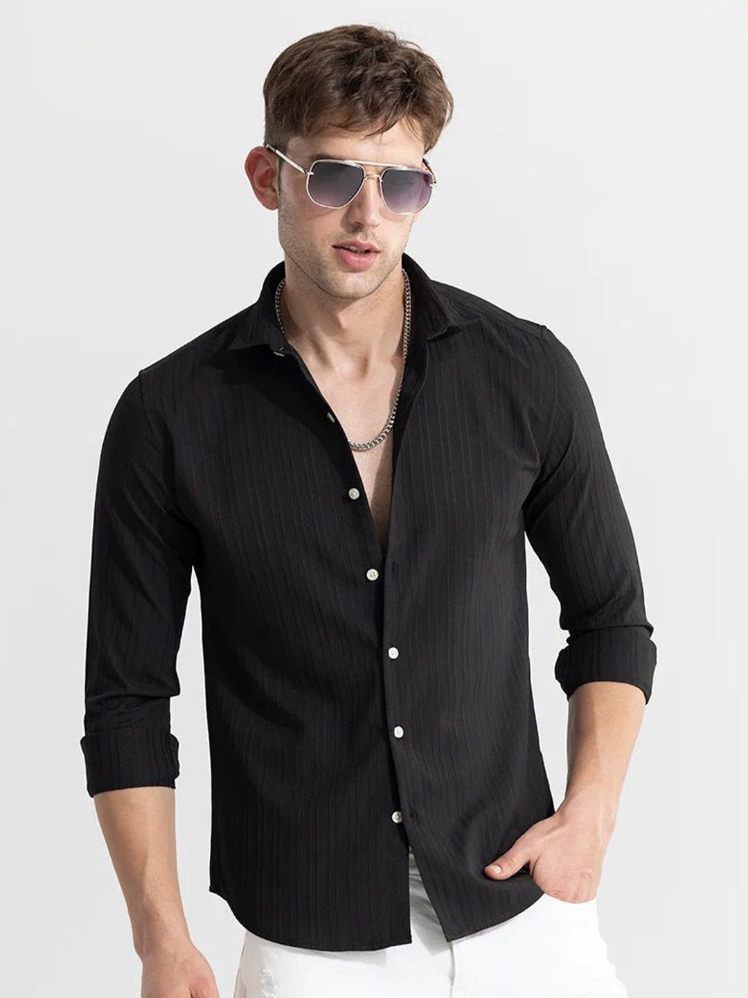 

Snitch Black Classic Slim Fit Spread Collar Casual Shirt