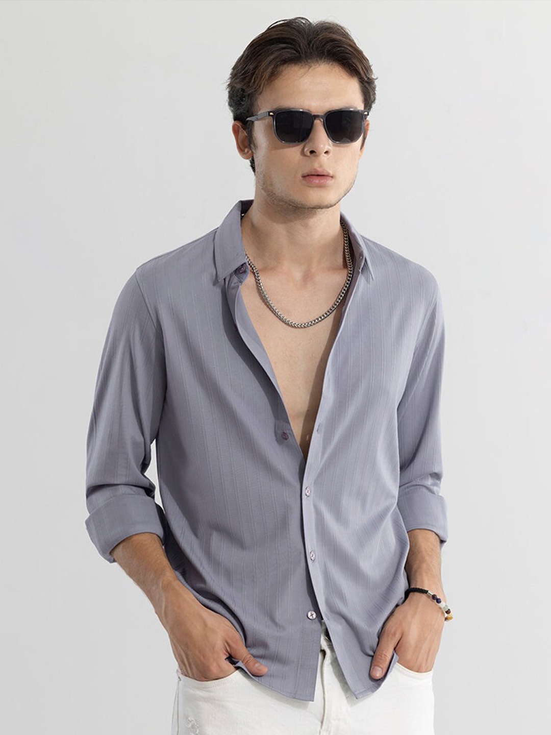 

Snitch Grey Classic Slim Fit Striped Casual Shirt