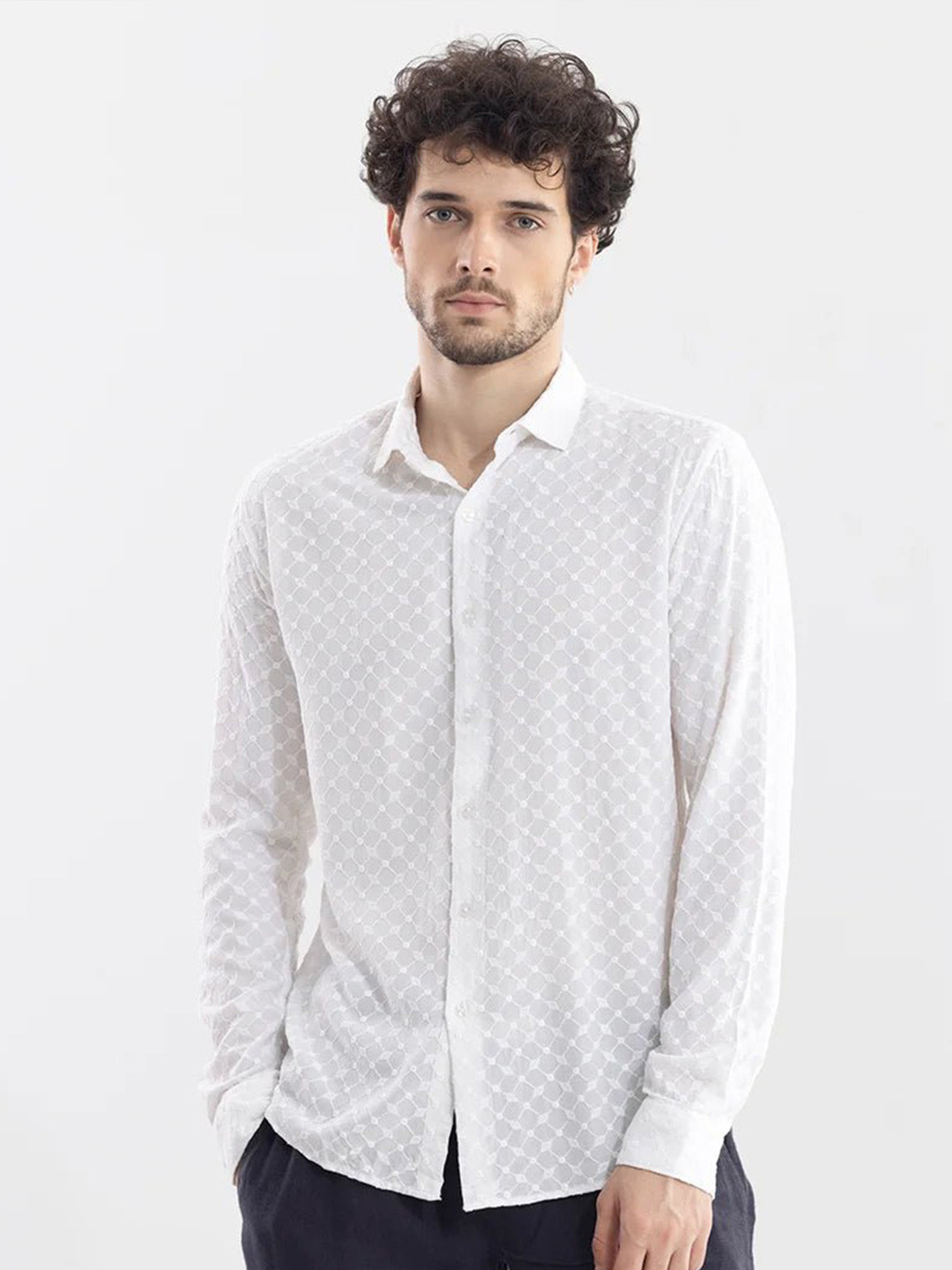 

Snitch White Embroidery Classic Slim Fit Pure Cotton Casual Shirt