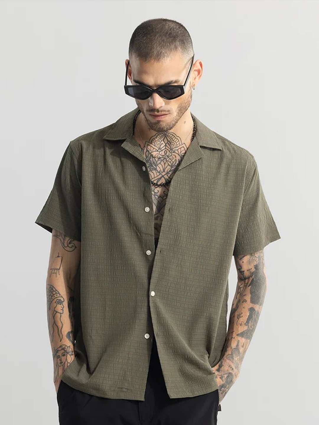 

Snitch Olive Green Self Design Textured Cuban Collar Classic Casual Shirt