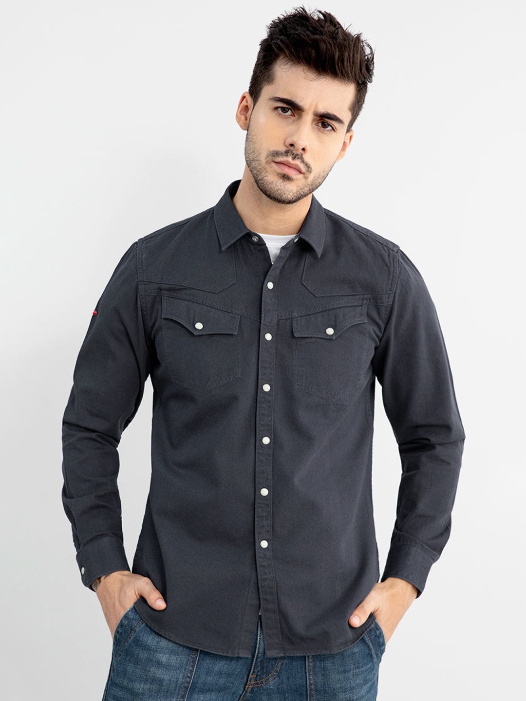 

Snitch Navy Blue Classic Slim Fit Pure Cotton Casual Shirt