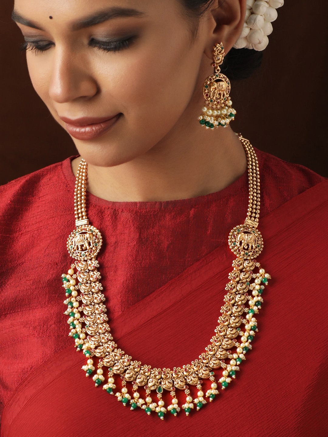 

Rubans Regal Elephants: Long Gold-Toned Temple Necklace Set