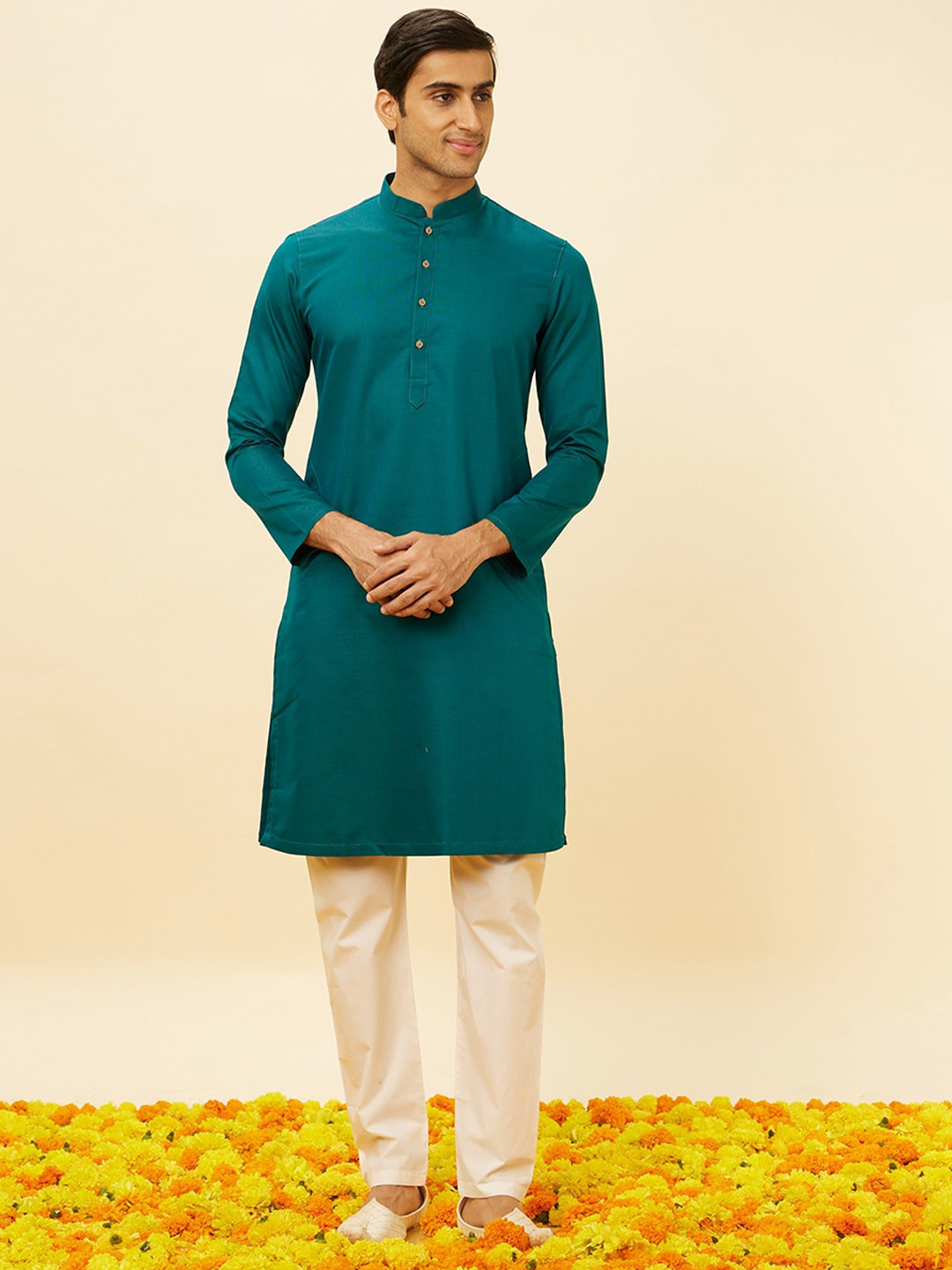 

Manyavar MMandarin Collar Regular Kurta With Pyjamas, Blue