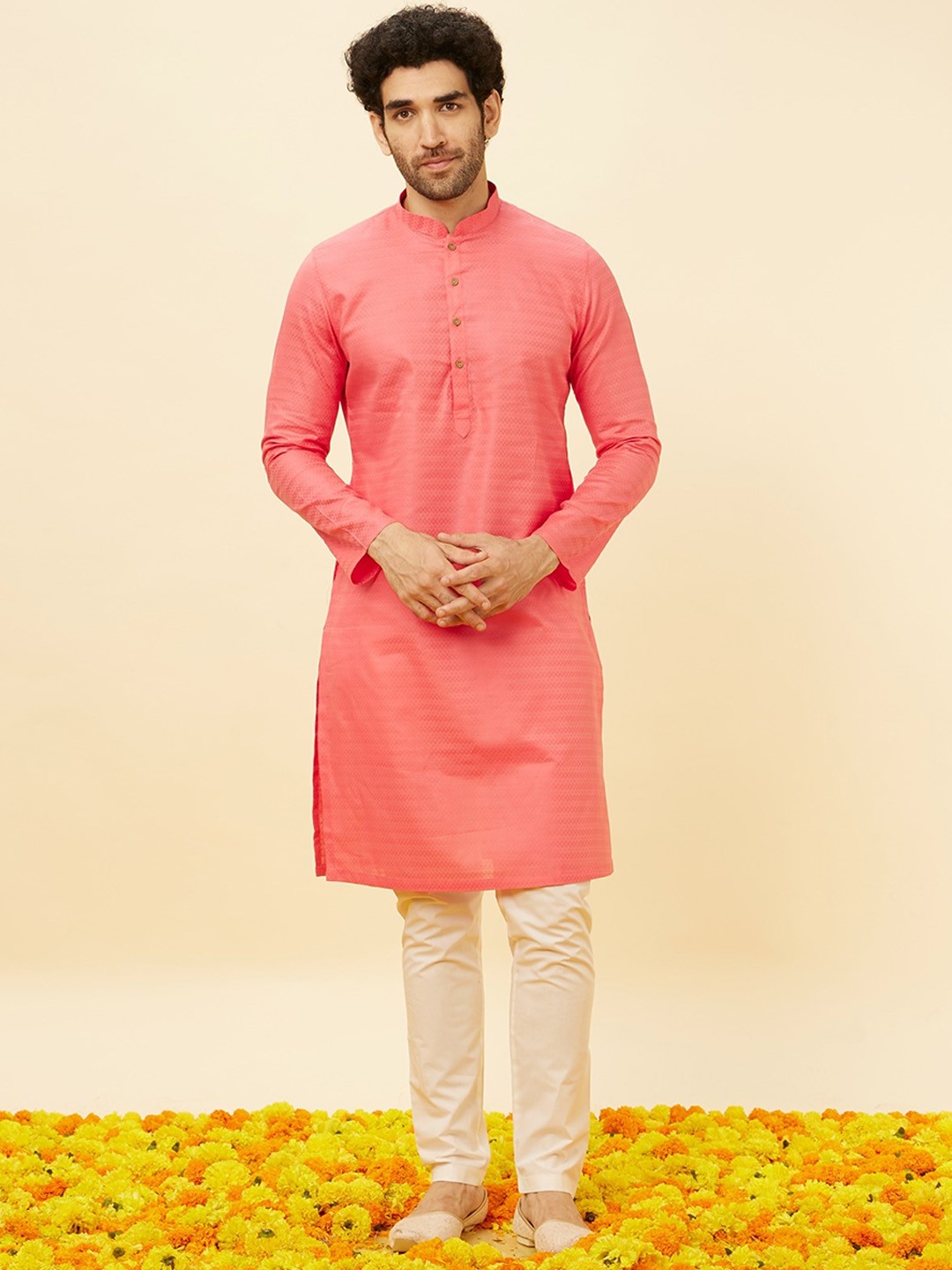 

Manyavar Ethnic Motifs Woven Design Straight Kurta With Pyjamas, Coral