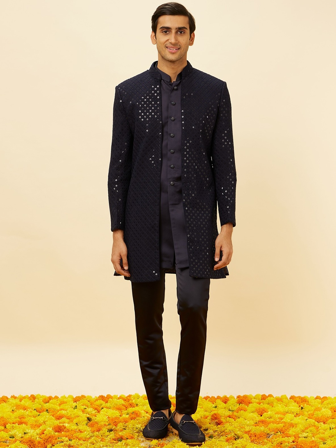 

Manyavar Ethnic Motifs Embroidered Sherwani Set, Blue