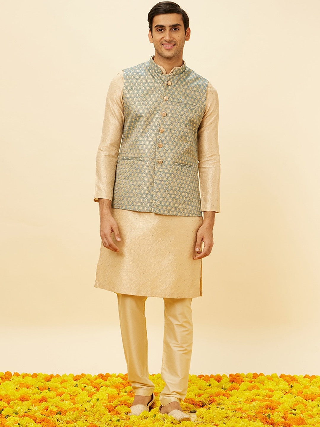 

Manyavar Ethnic Motifs Woven Design Nehru Jacket, Blue