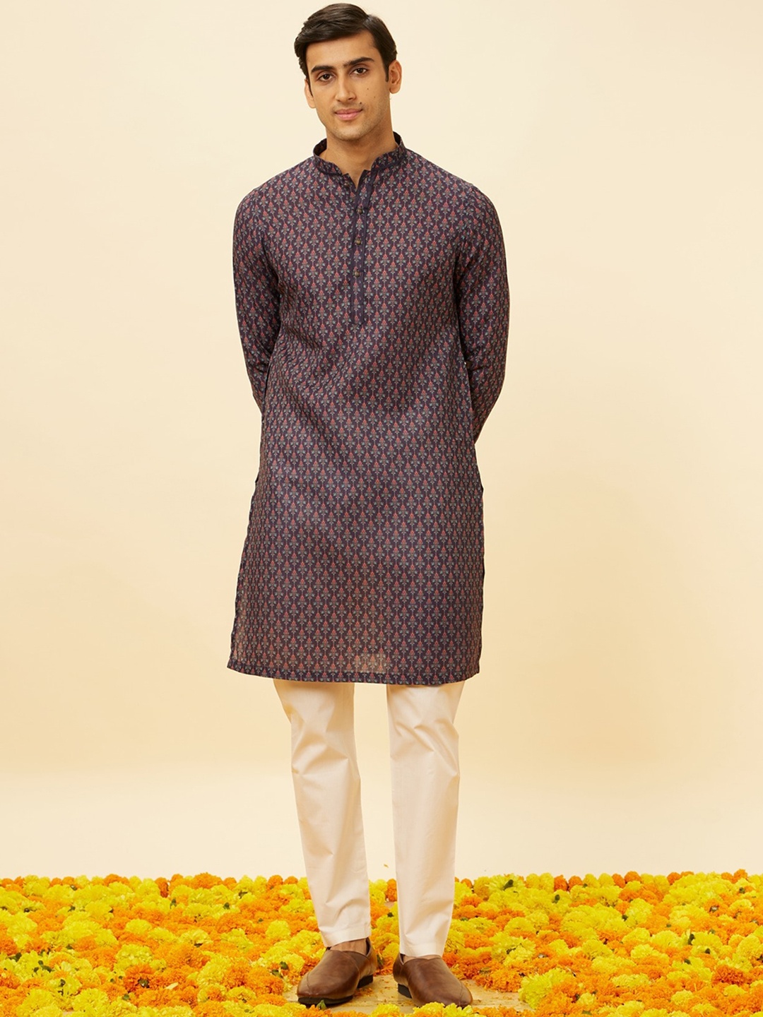 

Manyavar Ethnic Motifs Printed Art Silk Straight Kurta With Pyjamas, Blue