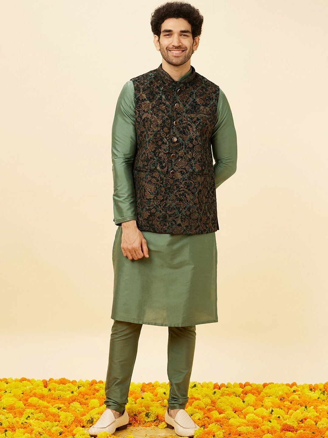 

Manyavar Men Woven Design Velvet Nehru Jacket, Green