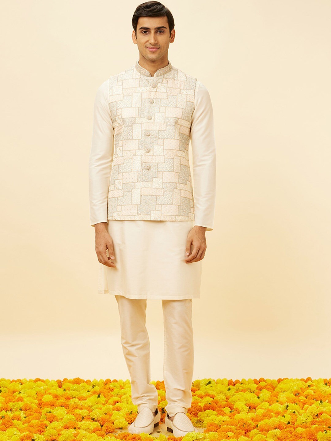 

Manyavar Woven Design Nehru Jacket, Cream