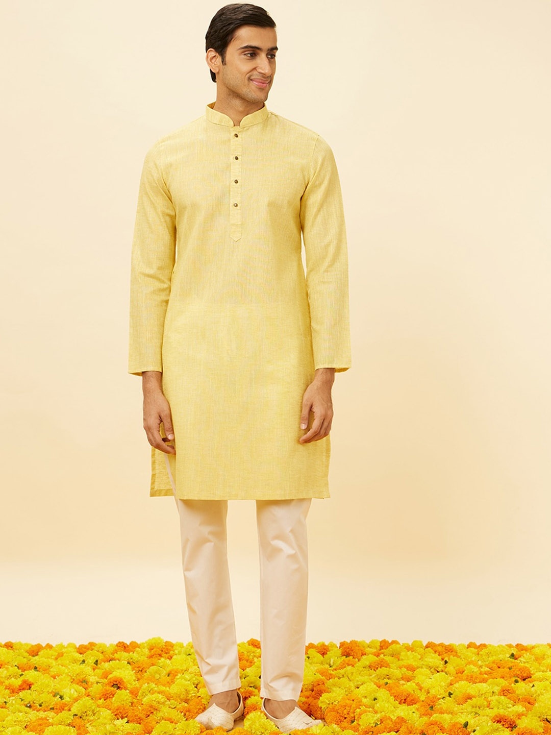 

Manyavar Mandarin Collar Straight Kurta With Pyjamas, Yellow