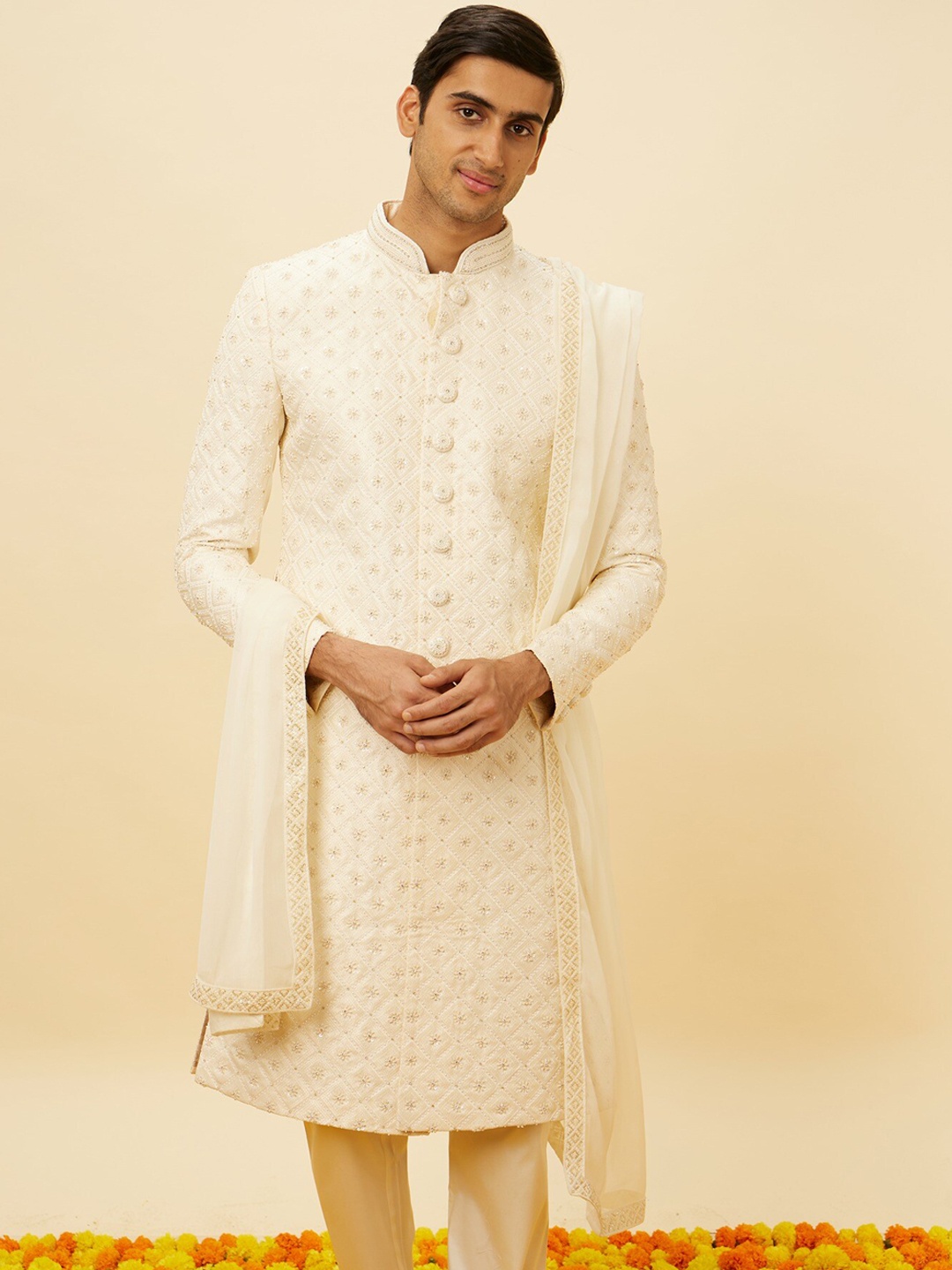 

Manyavar Ethnic Motifs Embroidered Sherwani Set, Cream
