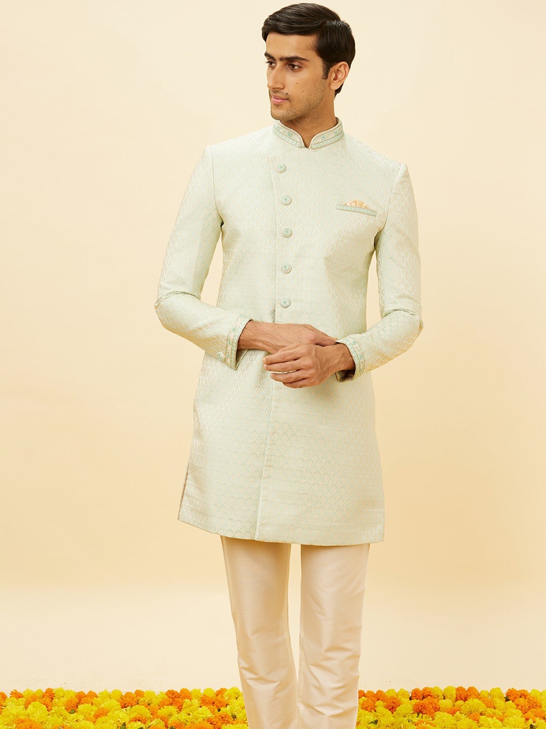 

Manyavar Embroidered Mandarin Collar Sherwani, Sea green