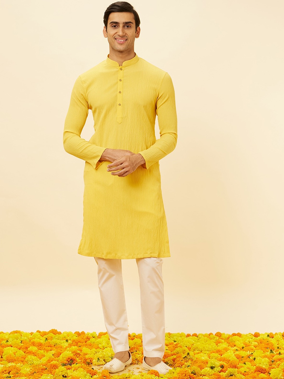 

Manyavar Mandarin Collar Regular Kurta with Pyjama, Mustard