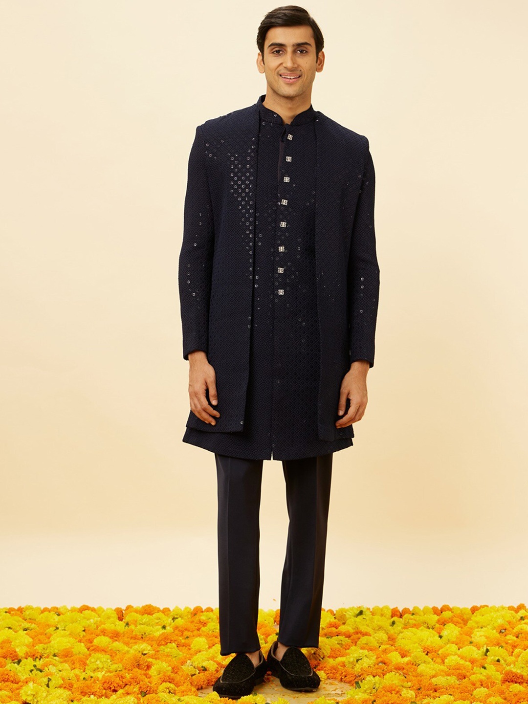 

Manyavar Embroidered Mandarin Collar Sherwani Set, Navy blue