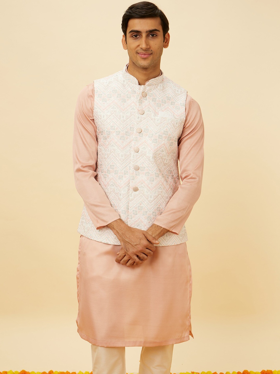 

Manyavar Ethnic Motifs Woven Design Nehru Jacket, White