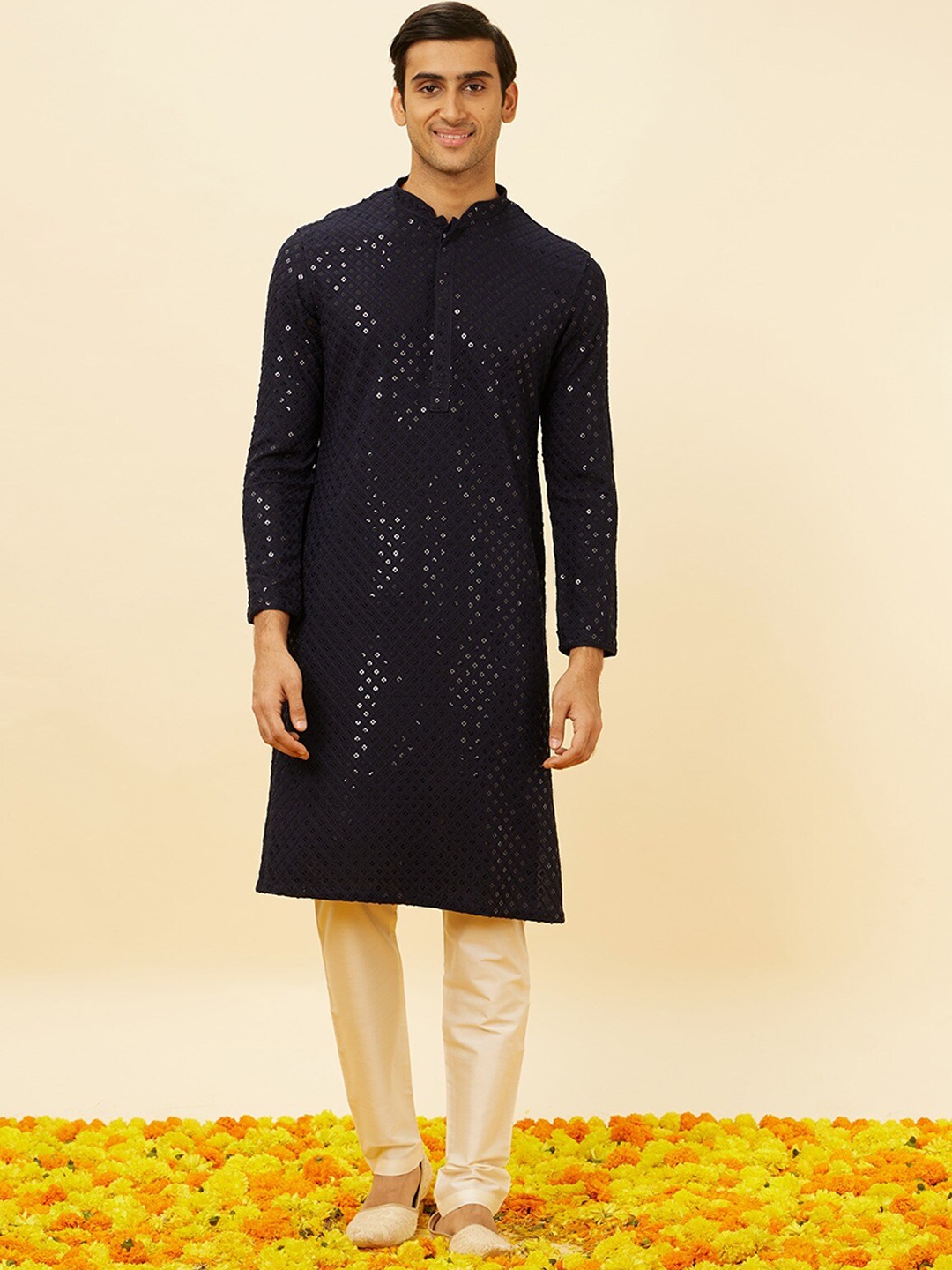 

Manyavar Sequinned Embroidered Regular Kurta With Pyjamas, Navy blue