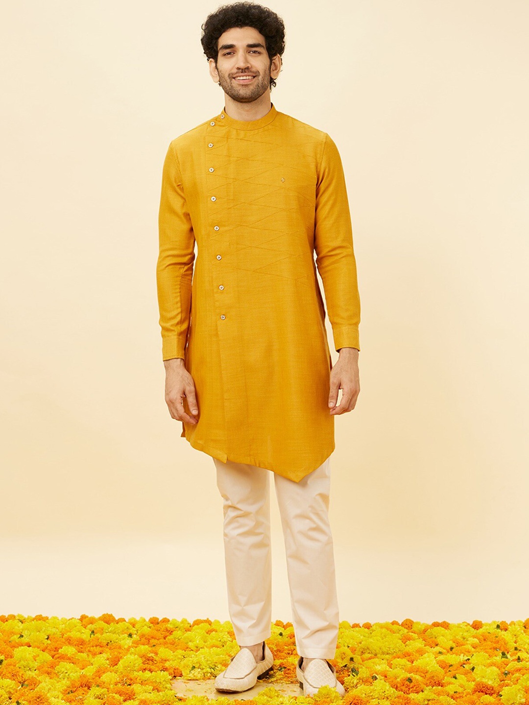 

Manyavar Band Collar Kurta With Pyjamas, Mustard