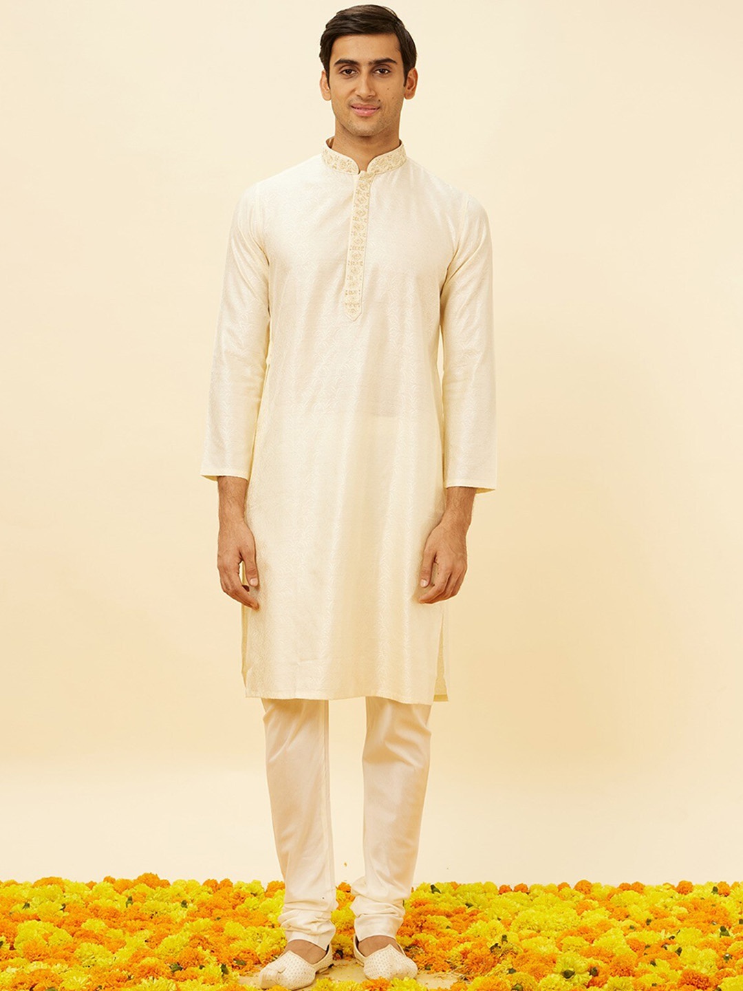 

Manyavar Floral Woven Design Straight Kurta With Pyjamas, Cream