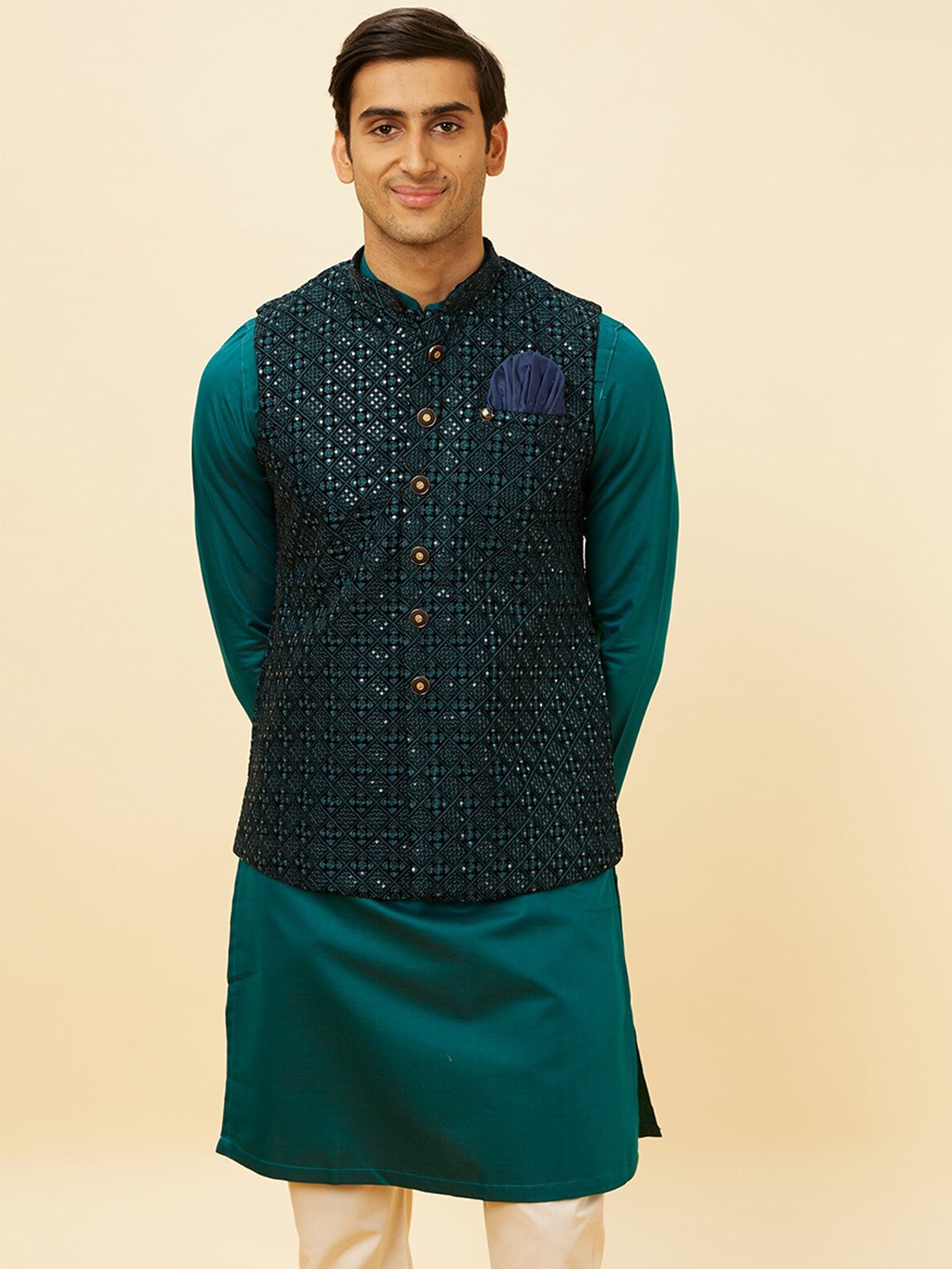 

Manyavar Men Woven Design Velvet Nehru Jacket, Blue