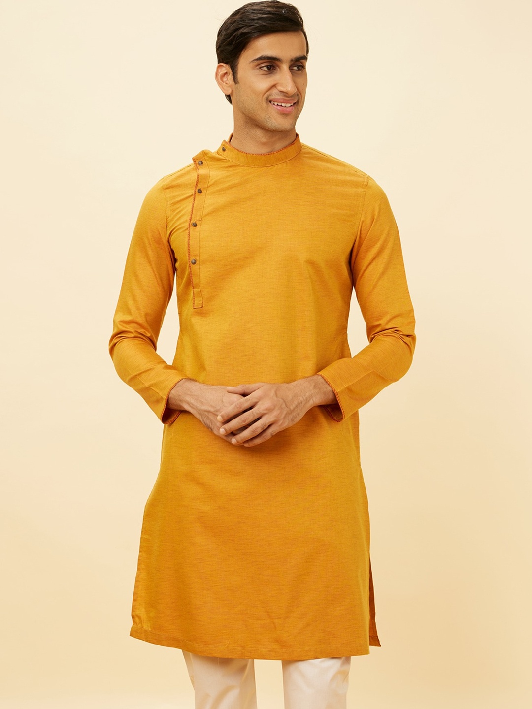 

Manyavar Mandarin Collar Regular Kurta With Pyjamas, Mustard
