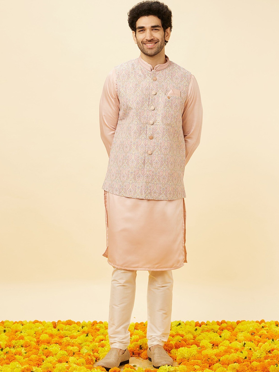 

Manyavar Ethnic Motifs Woven Design Nehru Jacket, Pink