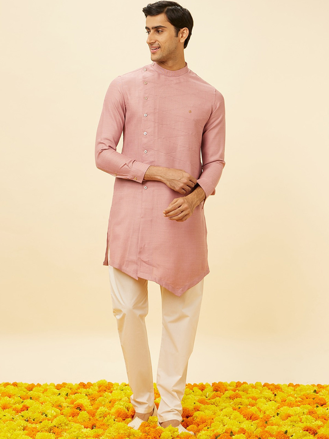 

Manyavar Band Collar Asymmetric Angrakha Straight Kurta with Pyjamas, Pink