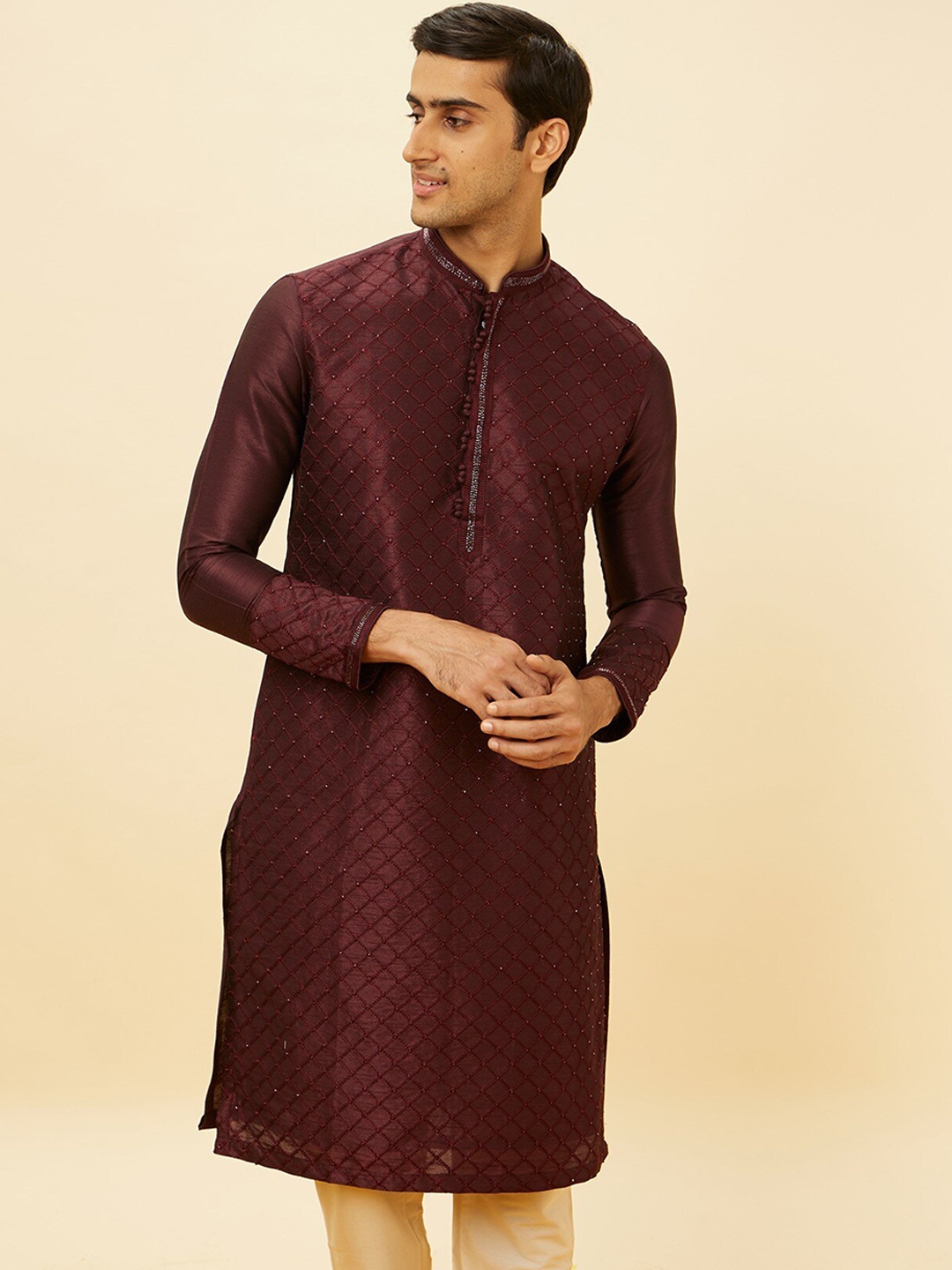

Manyavar Checked Embroidered Beads And Stones Kurta With Pyjamas, Maroon