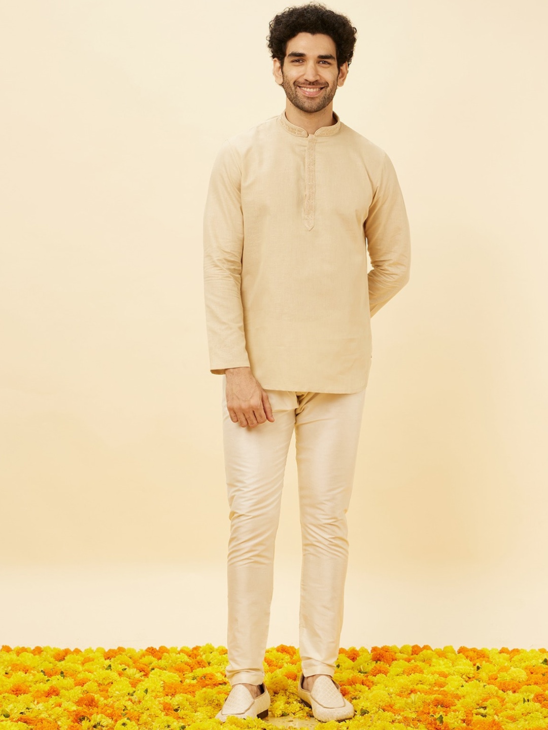 

Manyavar Mandarin Collar Straight Short Kurta, Beige