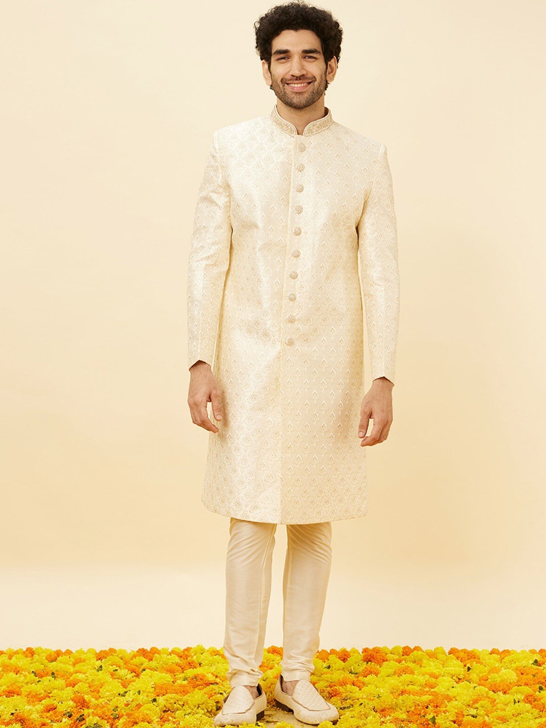 

Manyavar Ethnic Motifs Embroidered Sherwani Set, Cream