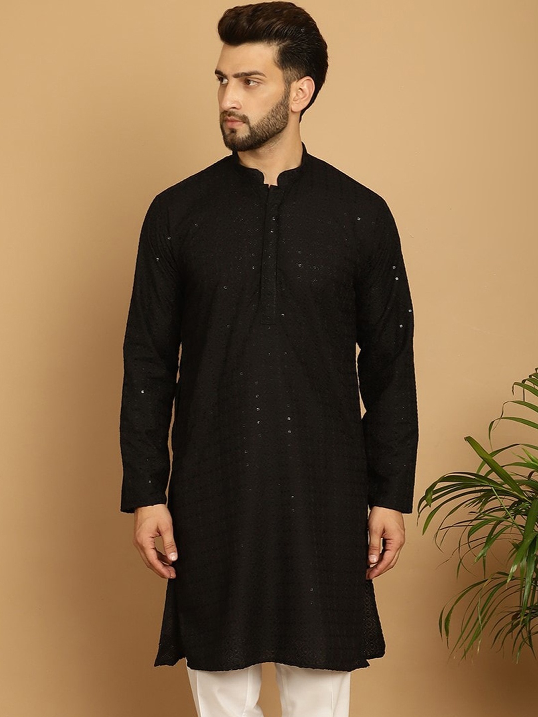 

Armaan Ethnic Geometric Embroidered Sequinned Pure Cotton Kurta, Black