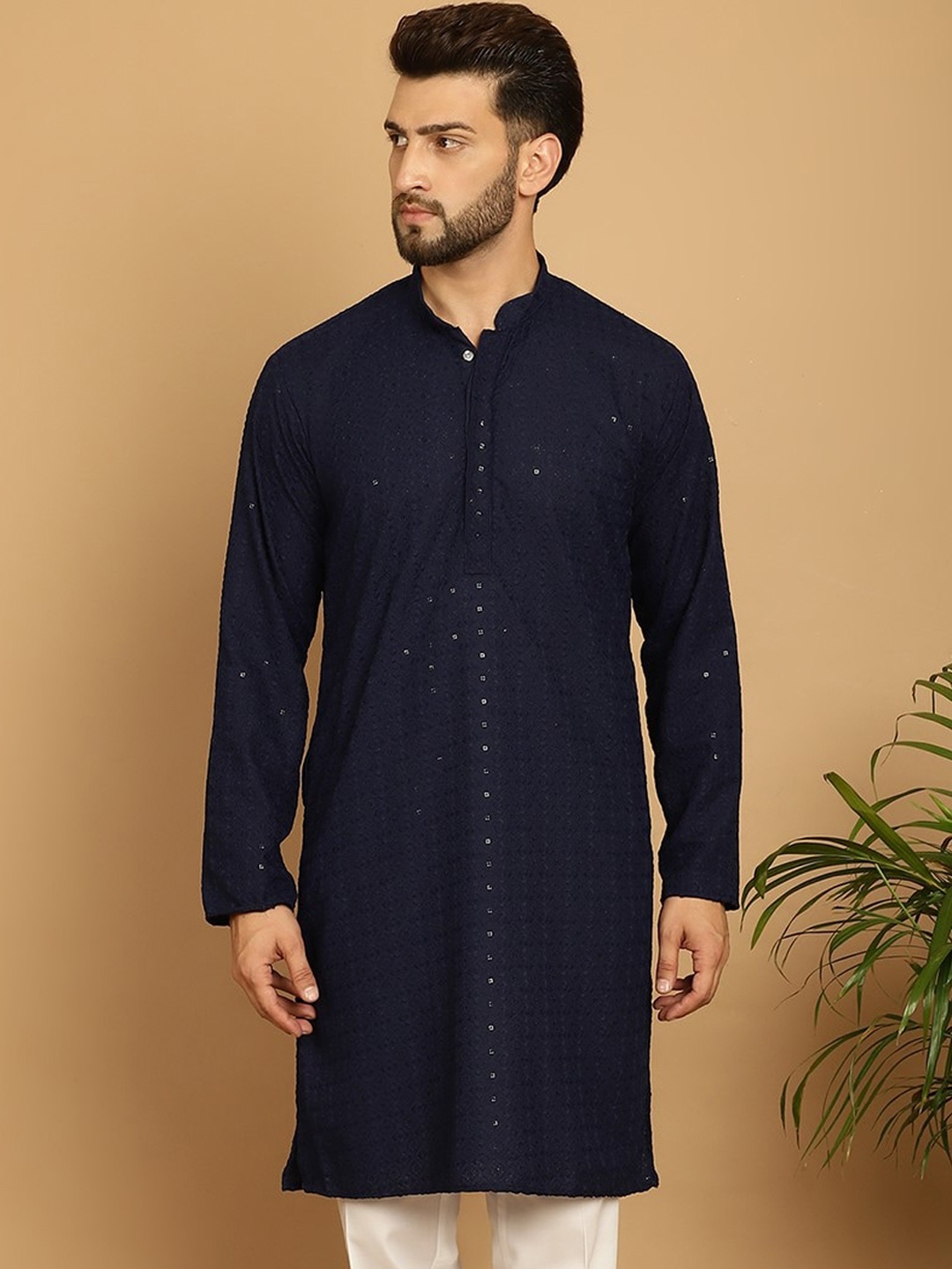 

Armaan Ethnic Geometric Embroidered Sequinned Pure Cotton Kurta, Navy blue
