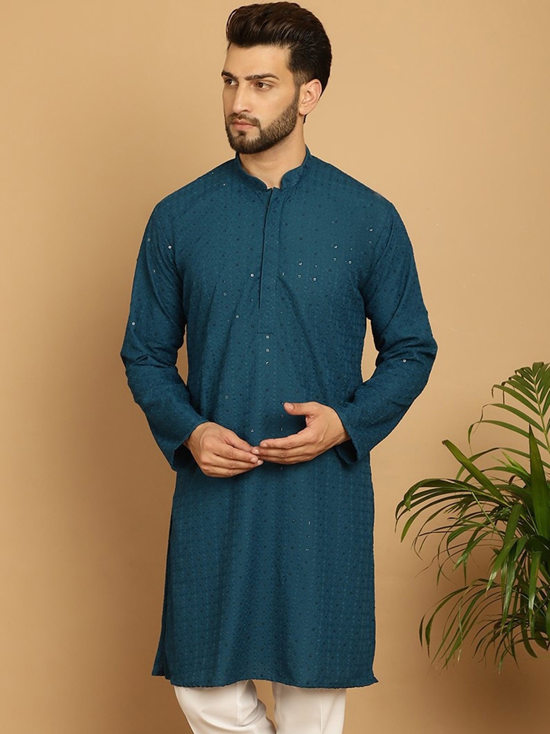 

Armaan Ethnic Geometric Embroidered Sequinned Pure Cotton Kurta, Blue