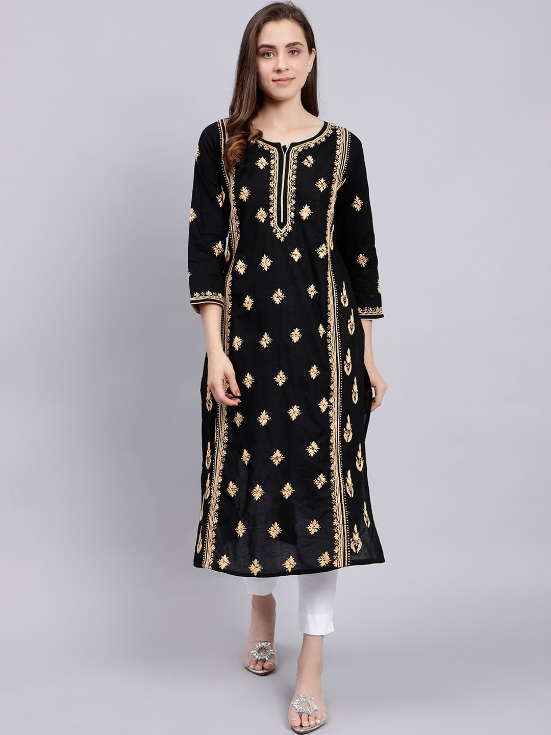 

Seva Chikan Ethnic Motifs Embroidered Chikankari Cotton Straight Kurta, Black