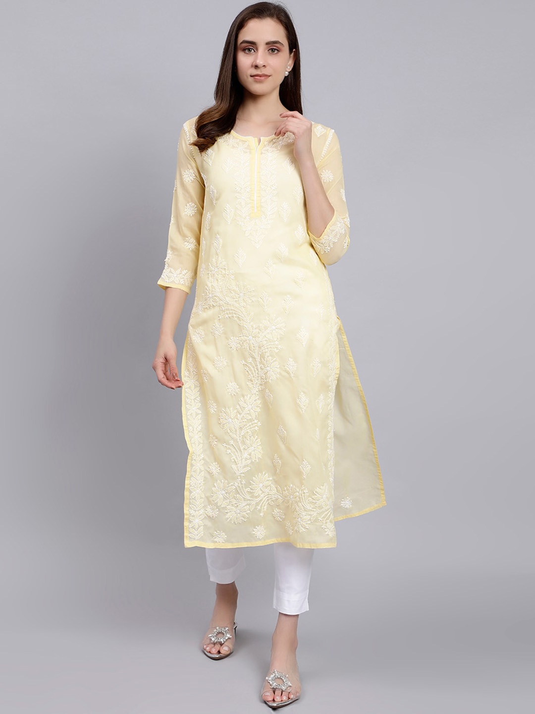 

Seva Chikan Ethnic Motifs Embroidered Lucknowi Chikankari Straight Kurta, Yellow