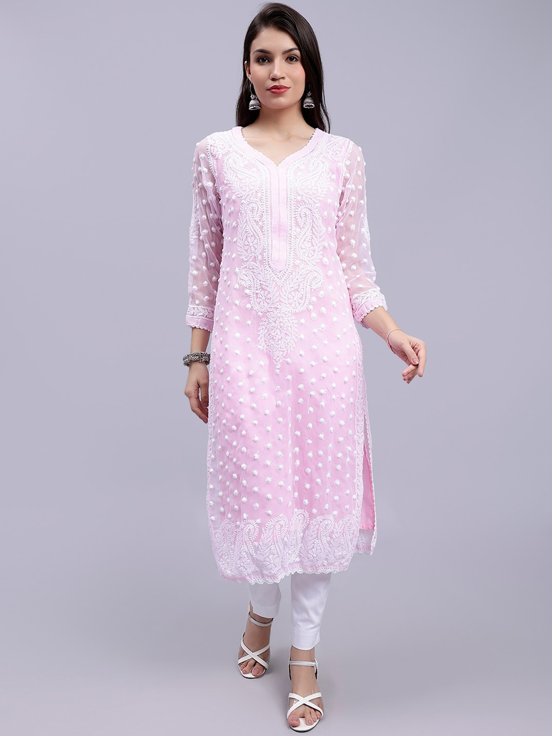 

Seva Chikan Paisley Embroidered Lucknowi Chikankari Straight Kurta With Slip, Pink