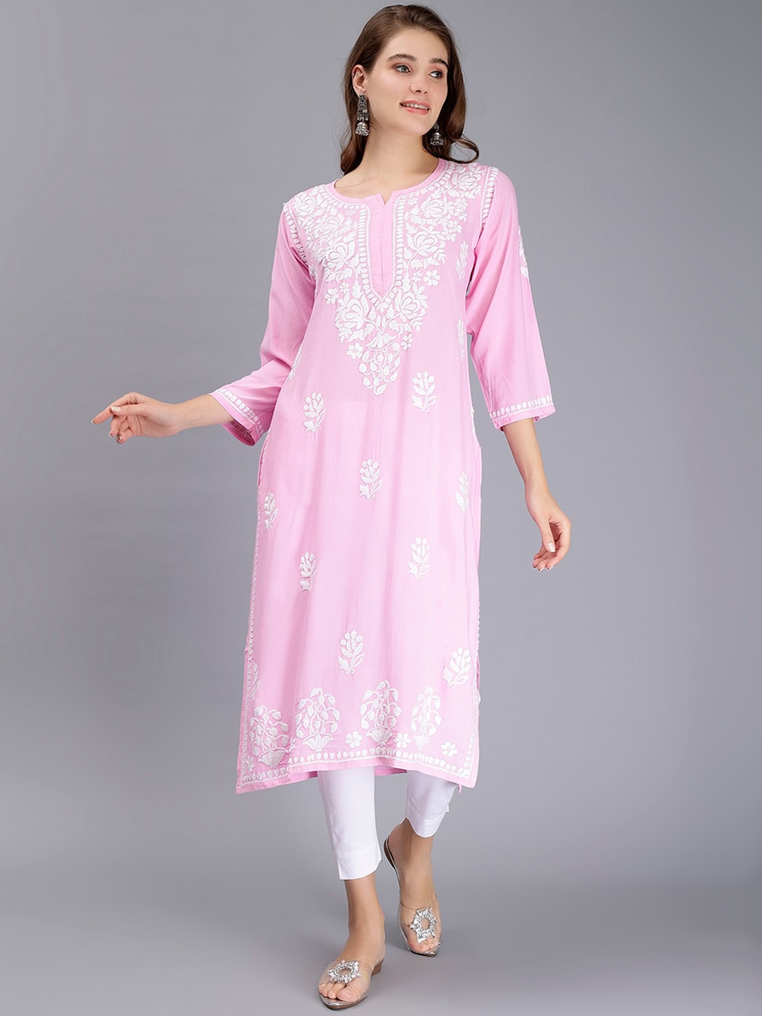 

Seva Chikan Ethnic Motifs Embroidered Lucknowi Chikankari Straight Kurta, Pink