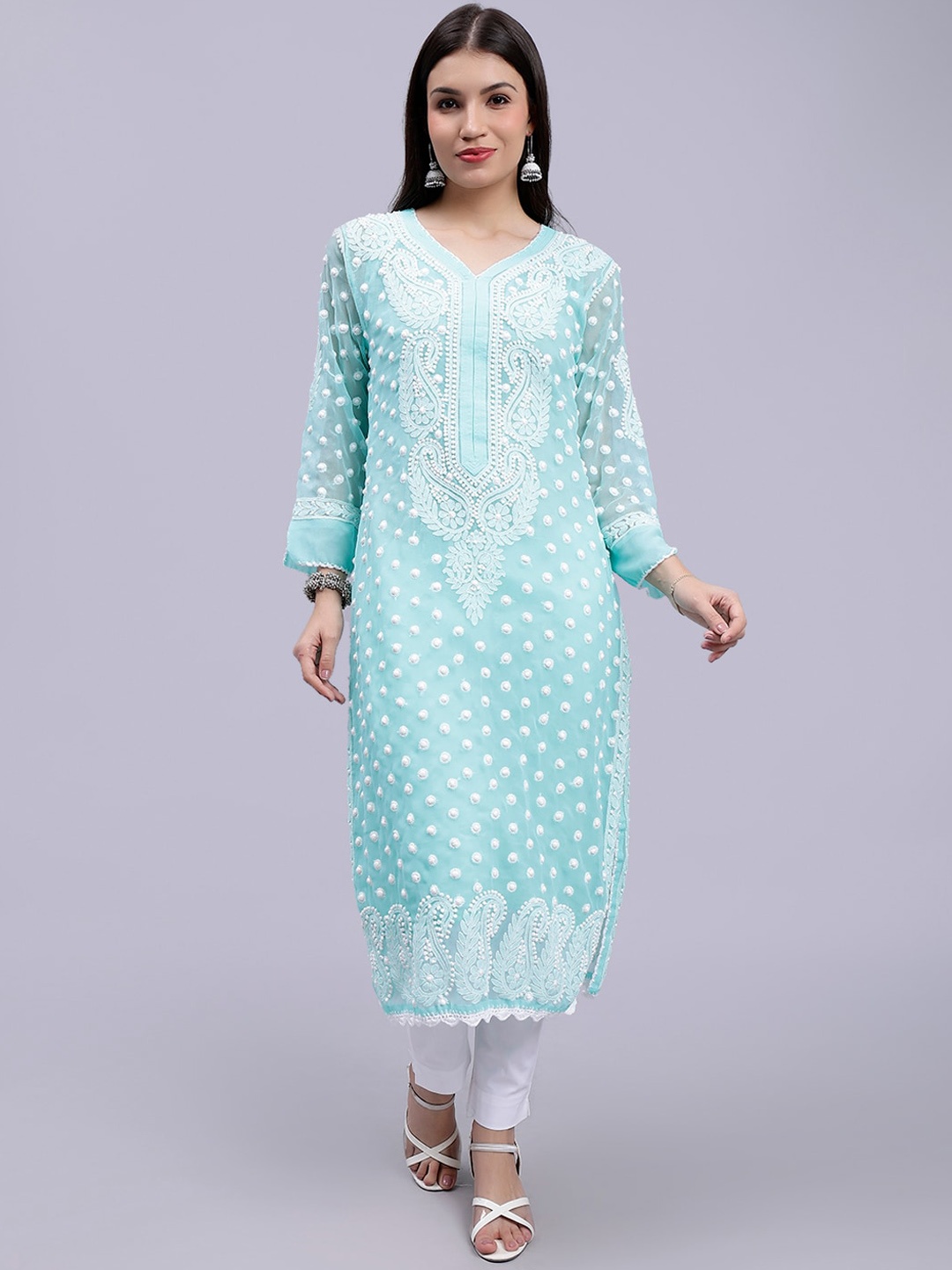 

Seva Chikan Ethnic Motifs Embroidered Lucknowi Chikankari Straight Kurta With Slip, Sea green