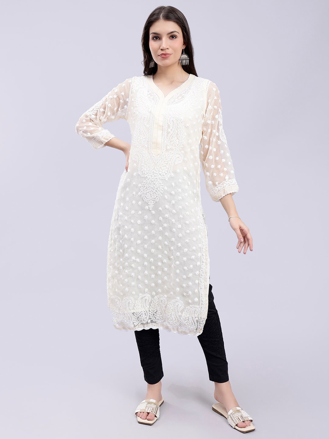 

Seva Chikan Ethnic Motifs Embroidered Lucknowi Chikankari Straight Kurta With Slip, Beige