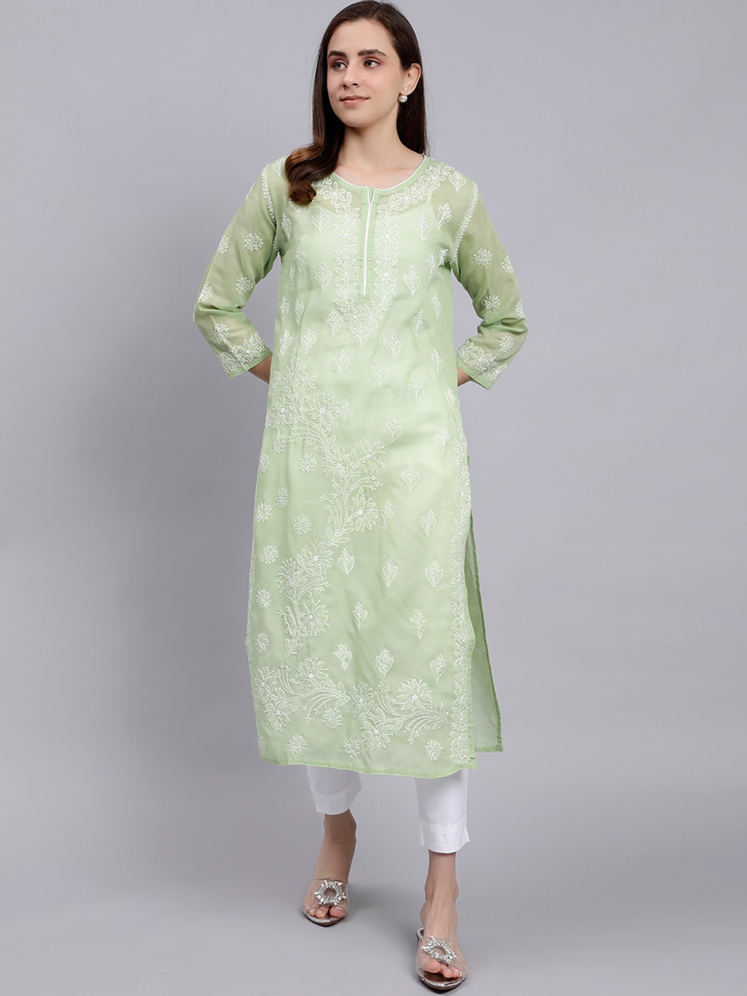 

Seva Chikan Ethnic Motifs Embroidered Lucknowi Chikankari Straight Kurta, Green